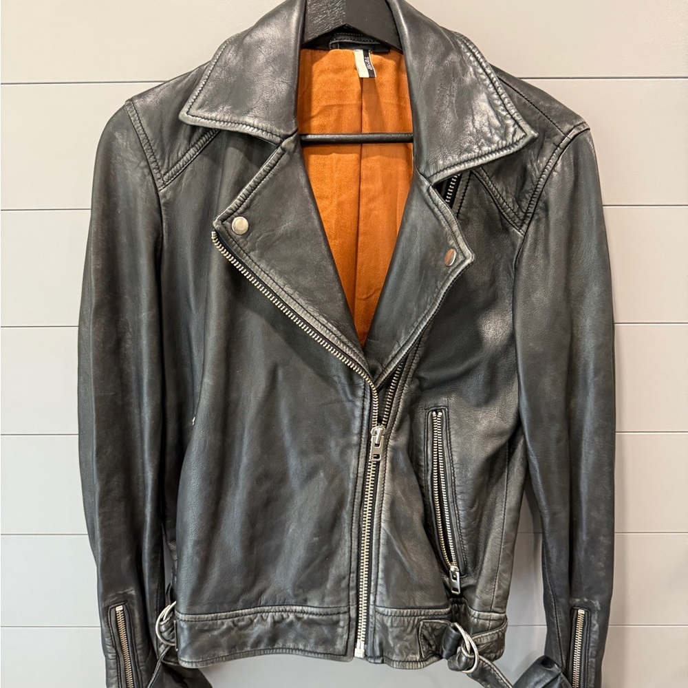 Topshop Black Leather Jacket with Orange Interior